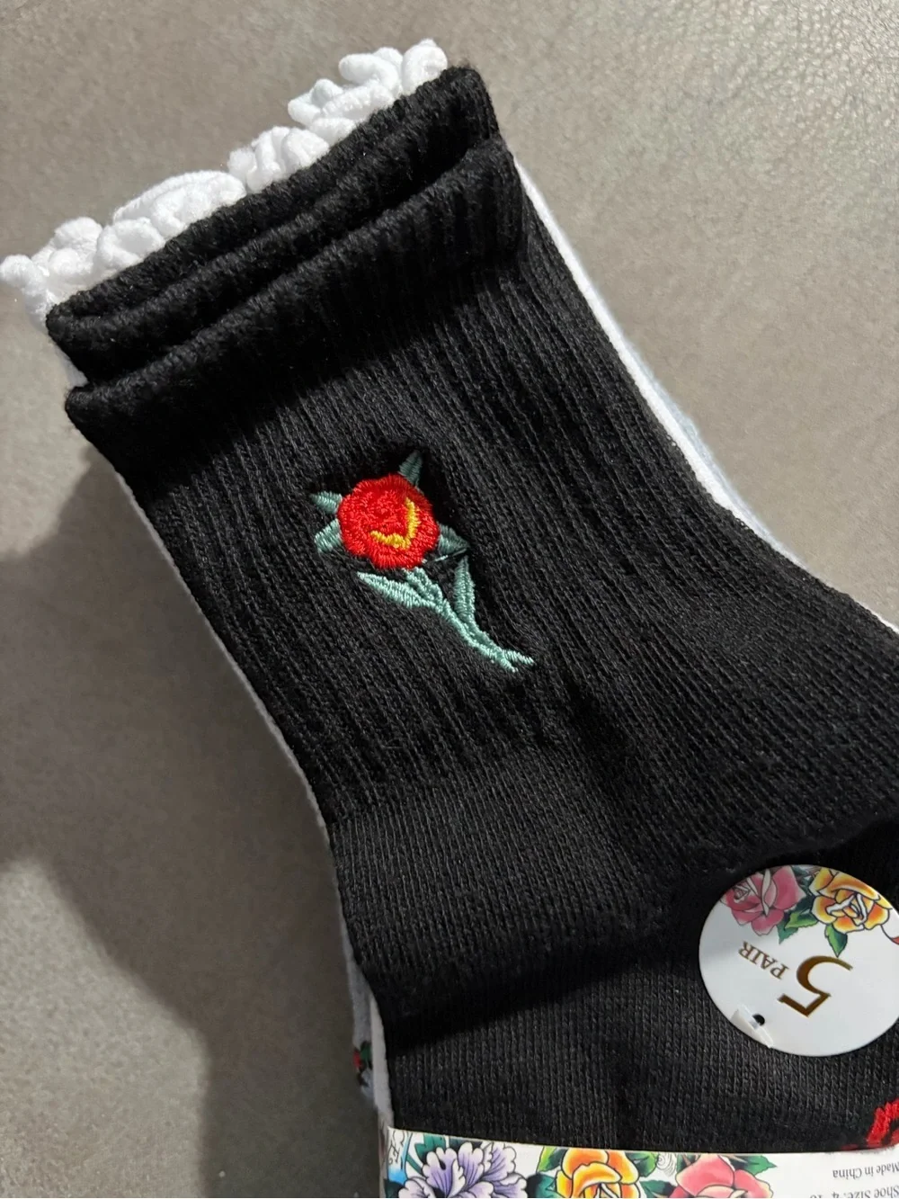 Black Floral Embroidered Crew Socks - Ladies Fashion